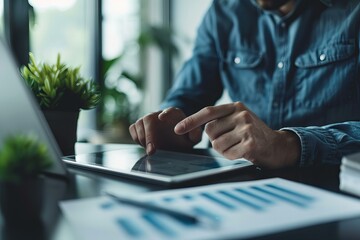 Person using tablet on desk with plant