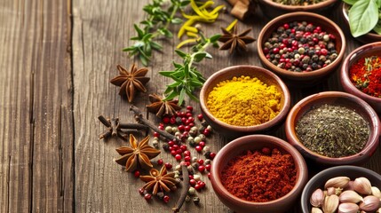 Vibrant Array of Colorful Spices and Herbs in Small Bowls on Wooden Table with Copy Space