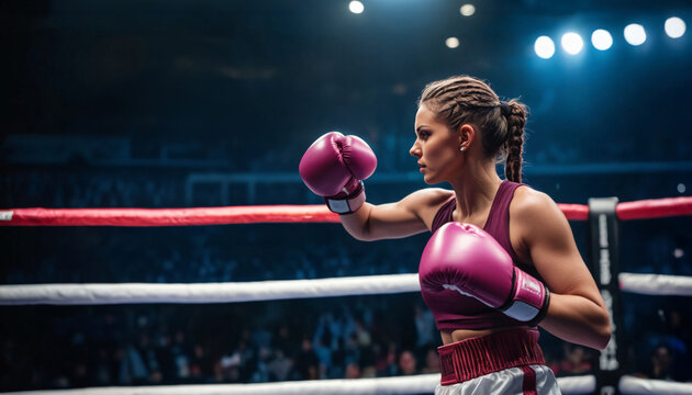 Portrait of strong athlete female boxer wearing boxing gloves and sportswear throwing punches in air in a boxing ring. Cinematic shot of athletic woman during boxing match or sport championship
