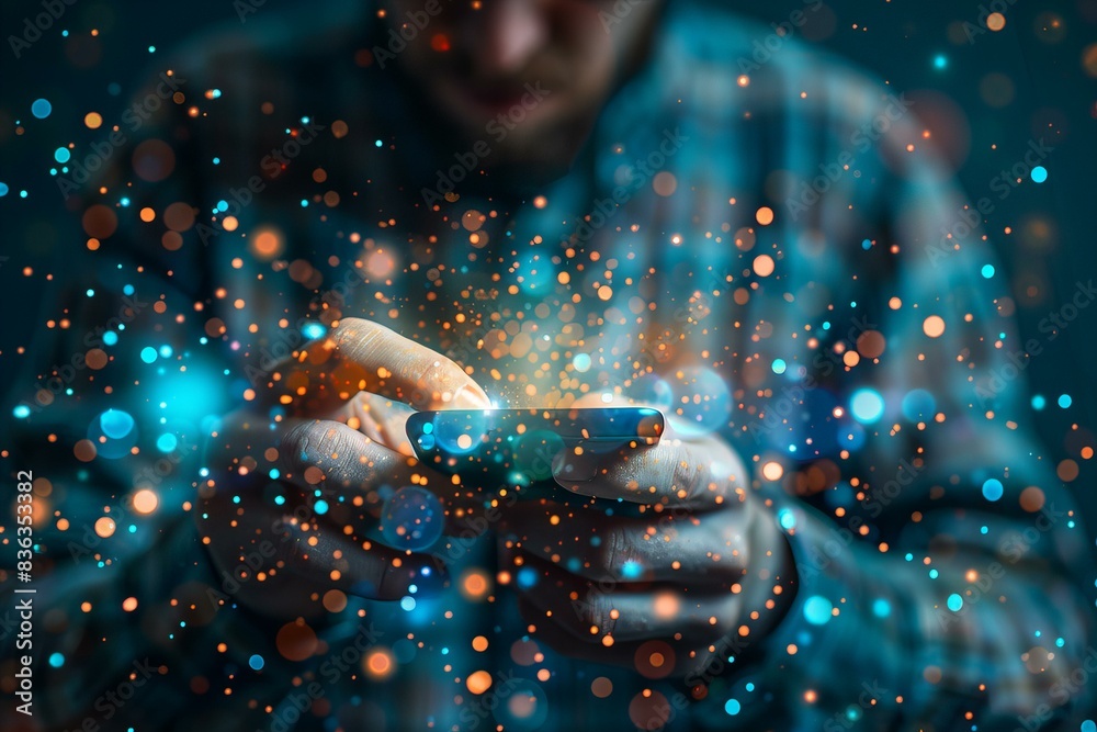 Poster Person holding cell phone with glowing blue background