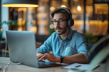 Obraz premium Man sitting table laptop headphones