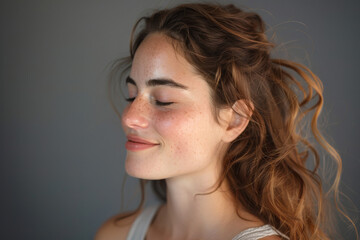 Naklejka premium A close up of a woman's face with her eyes closed looking to a side