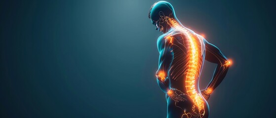 Detailed person with severe back pain shown in 3D rendering, orthopedic illustration