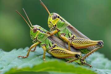 Two grasshoppers resting on leaf with green foliage