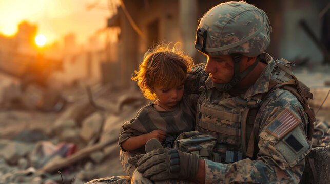 Soldier comforting child in war-torn environment at sunset. Soldier in uniform holding a young child in a war-torn area at sunset, showing compassion amidst destruction.