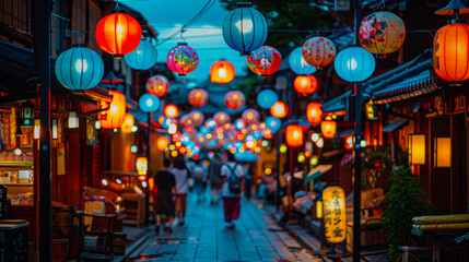 Vibrant Obon Festival Street. vibrant festival street during Obon with colorful lanterns hanging overhead, people in traditional yukata enjoying festivities, stalls offering traditional foods.