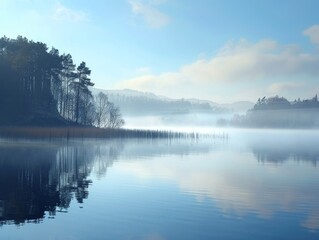 Serene Morning Reflections: Misty Lake at Sunrise with Copy Space