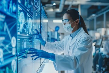 Scientist in lab coat and mask analyzing data on large screen
