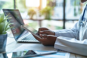 Person using cell phone and laptop on table