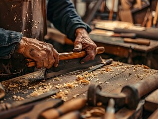 Skilled Artisan Crafting Custom Tools with Intricate HandCarved Handles and Gleaming Metallic Blades