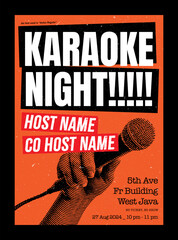 karaoke night poster with hand hold microphone, vector format, sing party flyer, with paper texture grunge effect, colorful background
