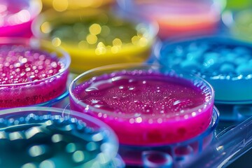 Various colored liquids in plastic containers on table