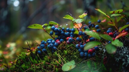 Berries of a blue and red hue found within the forest