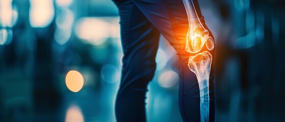 Enhanced xray imaging of hip pain in walking man, diagnostic illustration