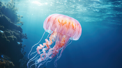 Fototapeta premium Glowing jellyfish swim deep in blue sea. Medusa neon jellyfish fantasy. a Jellyfish colorful fantasy neon on a Caribbean sea,Neon colorful look like a fairy tale. Underwater a beautiful colorful sea a