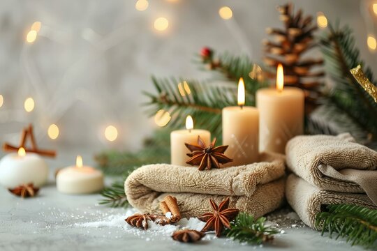 Candles and towels arranged on table with Christmas ornament
