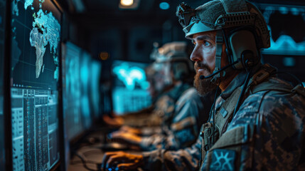 Military Operatives in High-Tech Command Center. Focused military operatives in a high-tech command center, monitoring global data on multiple screens, showcasing advanced technology in defense.