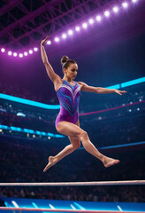 Professional female gymnast performs on balance beam displaying her incredible skills during sport competition. Graceful woman wearing a leotard performing stunts in professional arena at championship