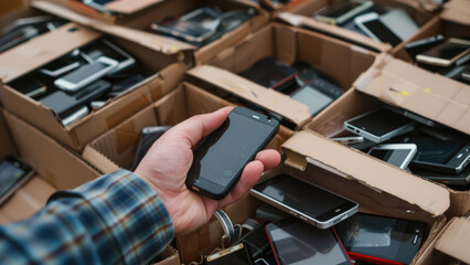 Hand Picking Used Smartphones from a Box at Electronics Market

