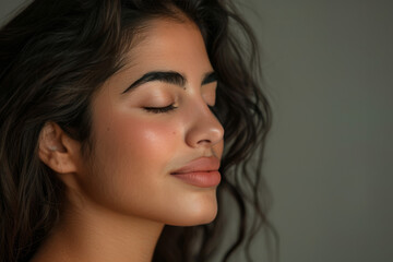Naklejka premium A close up of a woman's face with her eyes closed looking to a side