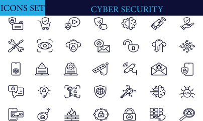 Cyber Security editable stroke outline icons set. Data protection, spam, secure, security, antivirus, password, privacy, padlock and hacker. Vector illustration	
