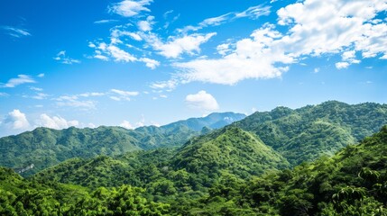 Tranquil Mountain Landscape with Verdant Greenery and Blue Sky Copyspace