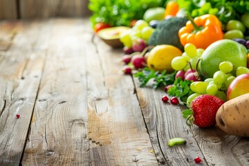 Vibrant Fresh Fruits and Vegetables Displayed on Rustic Table with Copyspace. Colorful and Healthy Food Presentation Concept.
