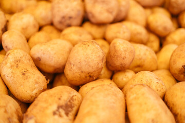Young fresh potatoes on a bazaar counter