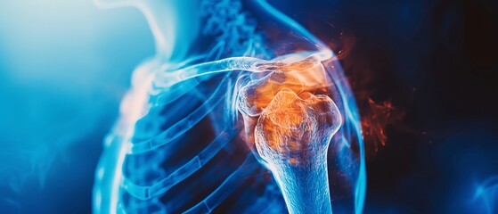 Highresolution webpage banner in blue tone showing joint pain xray, shoulder AP view