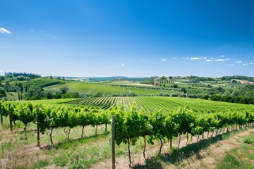 Idyllic Summer Vineyard Landscape with Rows of Grapevines and Clear Blue Sky - Rural Wine Country Scenery with Copy Space