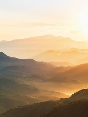 Obraz premium Majestic Sunrise Illuminating Mountain Peaks and Valleys with Copyspace, Nature Landscape Background