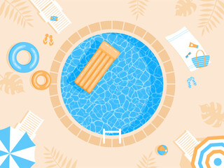 Round swimming pool with sunbeds, beach umbrellas and beach items around, top view. Flat vector illustration © Alrika 