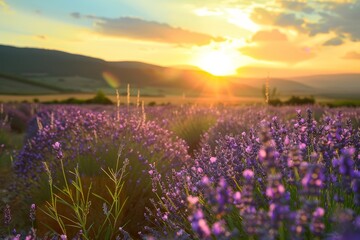 Tranquil Summer Evening: Lavender Field at Sunset with Copyspace