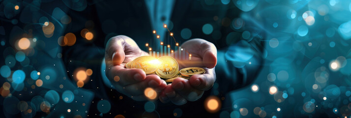 Businessman standing and holding coins with a digital financial graph line icon of growth on a blue background,