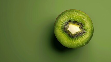 Top view of a fresh, sliced kiwi on a green background, showcasing vibrant colors and natural textures in a minimalistic composition.