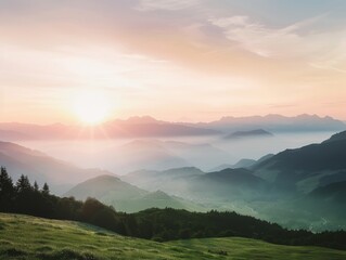 Fototapeta premium Majestic Summer Sunrise Over Mountain Range with Copyspace.