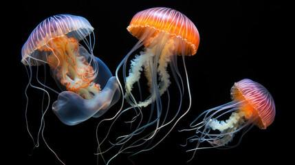 Glowing jellyfish swim deep in blue sea. Medusa neon jellyfish fantasy. a Jellyfish colorful fantasy neon on a Caribbean sea,Neon colorful look like a fairy tale. Underwater a beautiful colorful sea a