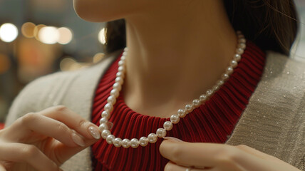 Female customer trying on pearl necklace in shop.