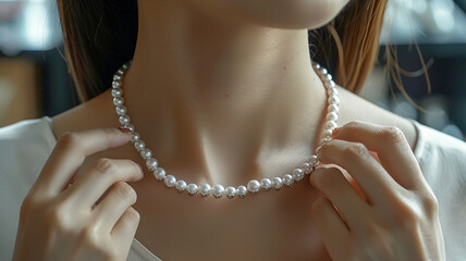 Female customer trying on pearl necklace in shop. - Powered by Adobe