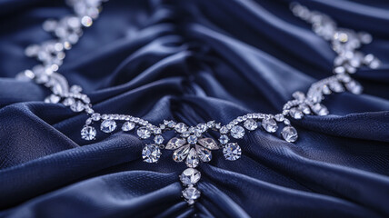 Focus on center of beautiful vintage rhinestone diamond necklace draped on navy velour fabric for background.