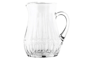 An empty, transparent glass pitcher isolated on a white background suitable for a png image