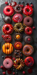 Fototapeta premium Colorful Glazed Donuts Arranged In A Row On A Dark Surface