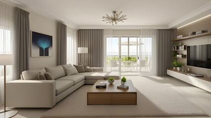 Modern living room with neutral tones, generous seating, and expansive windows for abundant natural light