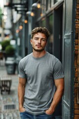 Fototapeta premium Young Man Standing in Urban Setting Wearing a Grey T-Shirt and Jeans