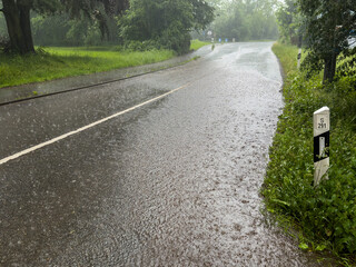 Flooded street during a storm with heavy rain in the Village