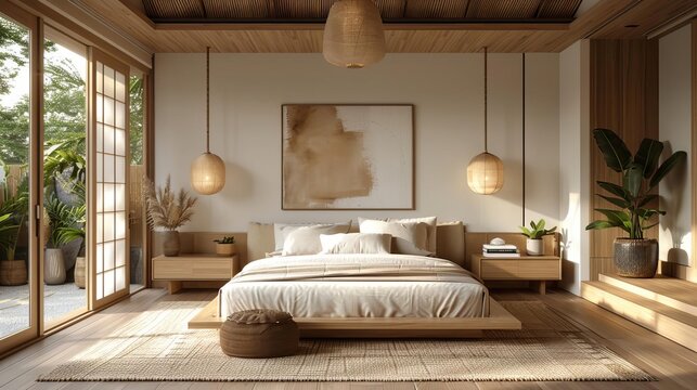 An elegant Japandi bedroom featuring light wood floors and a platform bed with a white upholstered headboard The bedding is in neutral tones