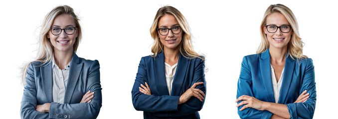  The image shows a woman with blonde hair and glasses, wearing a dark blue blazer and a white shirt. She is standing with her arms crossed and has a confident expression.