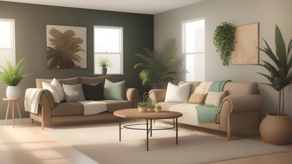 Inviting contemporary living space adorned with neutral hues, cozy couches, wooden furnishings, and hints of lush greenery