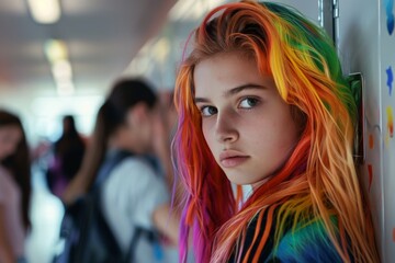 rebellious teenage girl in a school hallway, leaning against lockers, with colorful hair and a piercing gaze, surrounded by other students