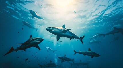 Obraz premium A pod of sharks glides through ocean waters, showcasing the beauty and power of these ancient predators.
